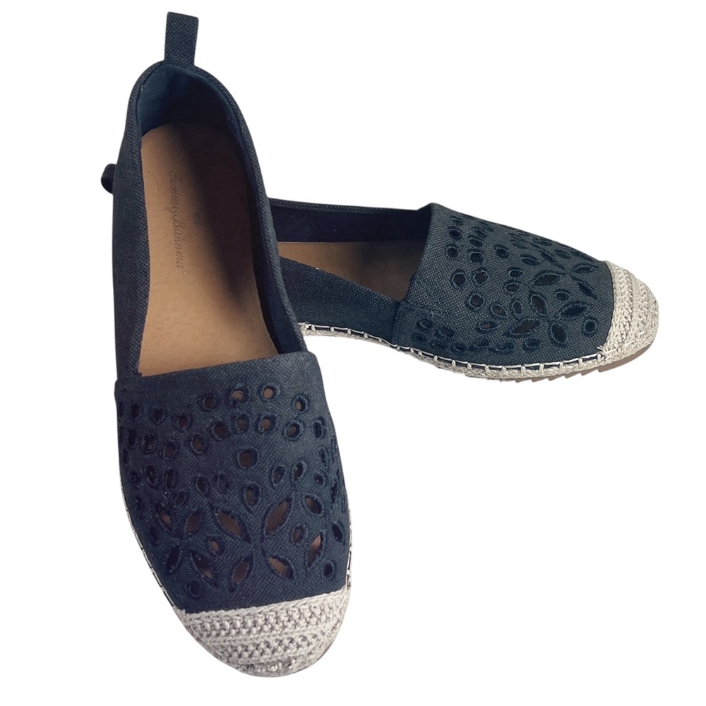 Tommy Bahama Selena Eyelet Espadrille Flats in Black and Tan Sz 7.5 EUC Summer